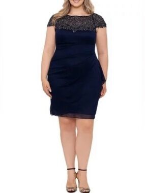 Xscape Lace Yoke Navy Sheath Dress Womens Size 14 NWT